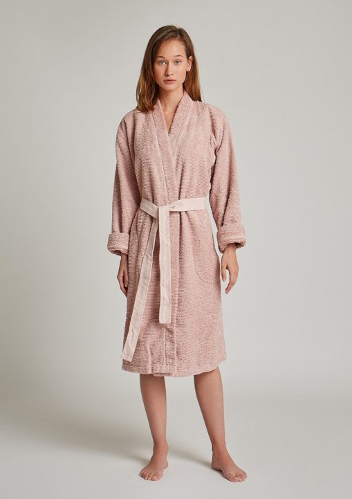 woman is wearing Humana Dusty Pink bathrobe