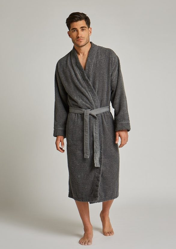 Man is wearing Humana charcoal bathrobe