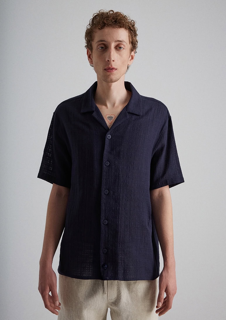 sanona-shirt-navy-blue (b) Sanona Short Sleeve Cotton Shirt - Navy Blue - Sea You Soon