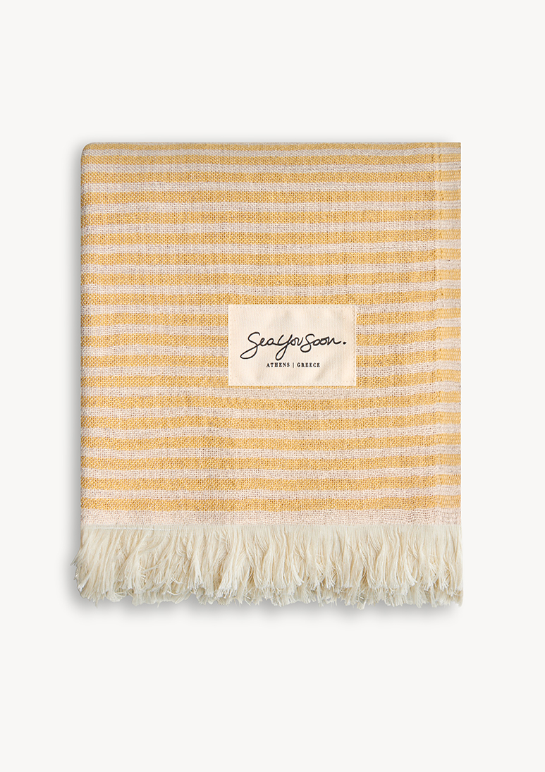 Gorgona-linen-beach-towel-mustard (b) Gorgona Linen Towel - Mustard - Sea You Soon
