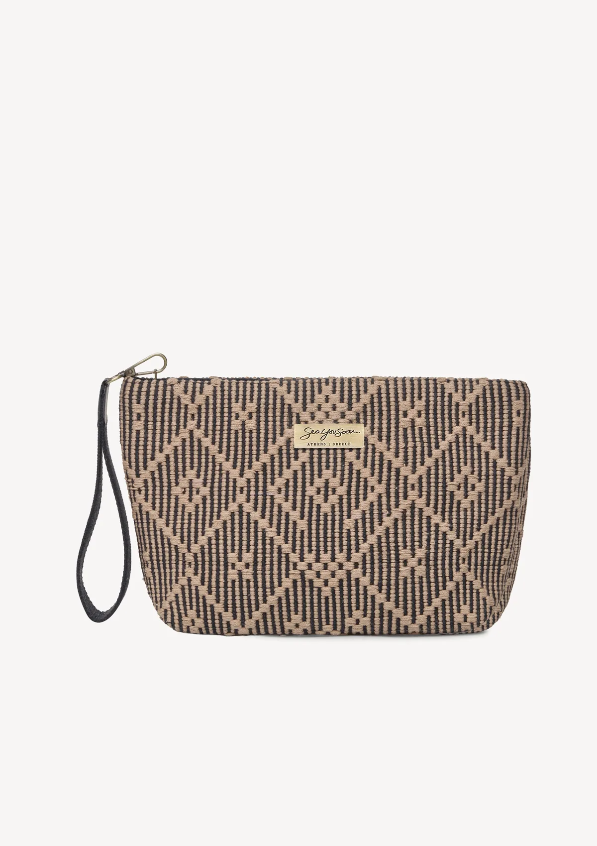 duomo-cotton-midi-clutch-coco-mocha-front Sea You Soon Ballos Mini Clutch in black, front view showing the full silhouette