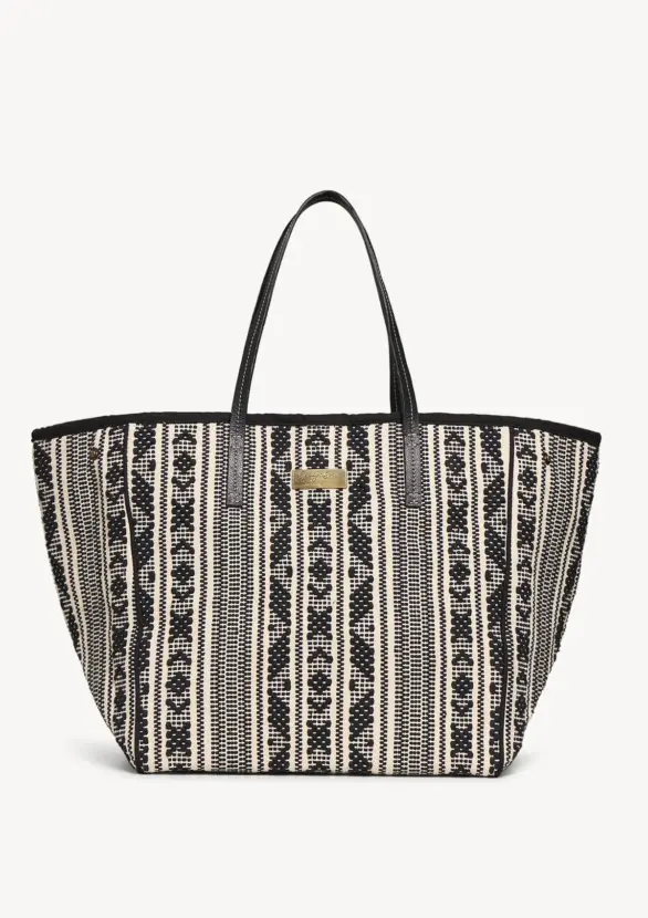 Sea You Soon Gabie Tote Bag in black, handwoven cotton, front view showing the full silhouette