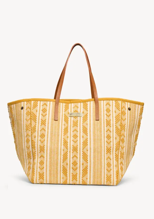 Sea You Soon Gabie Tote Bag in mustard, handwoven cotton, front view showing the full silhouette