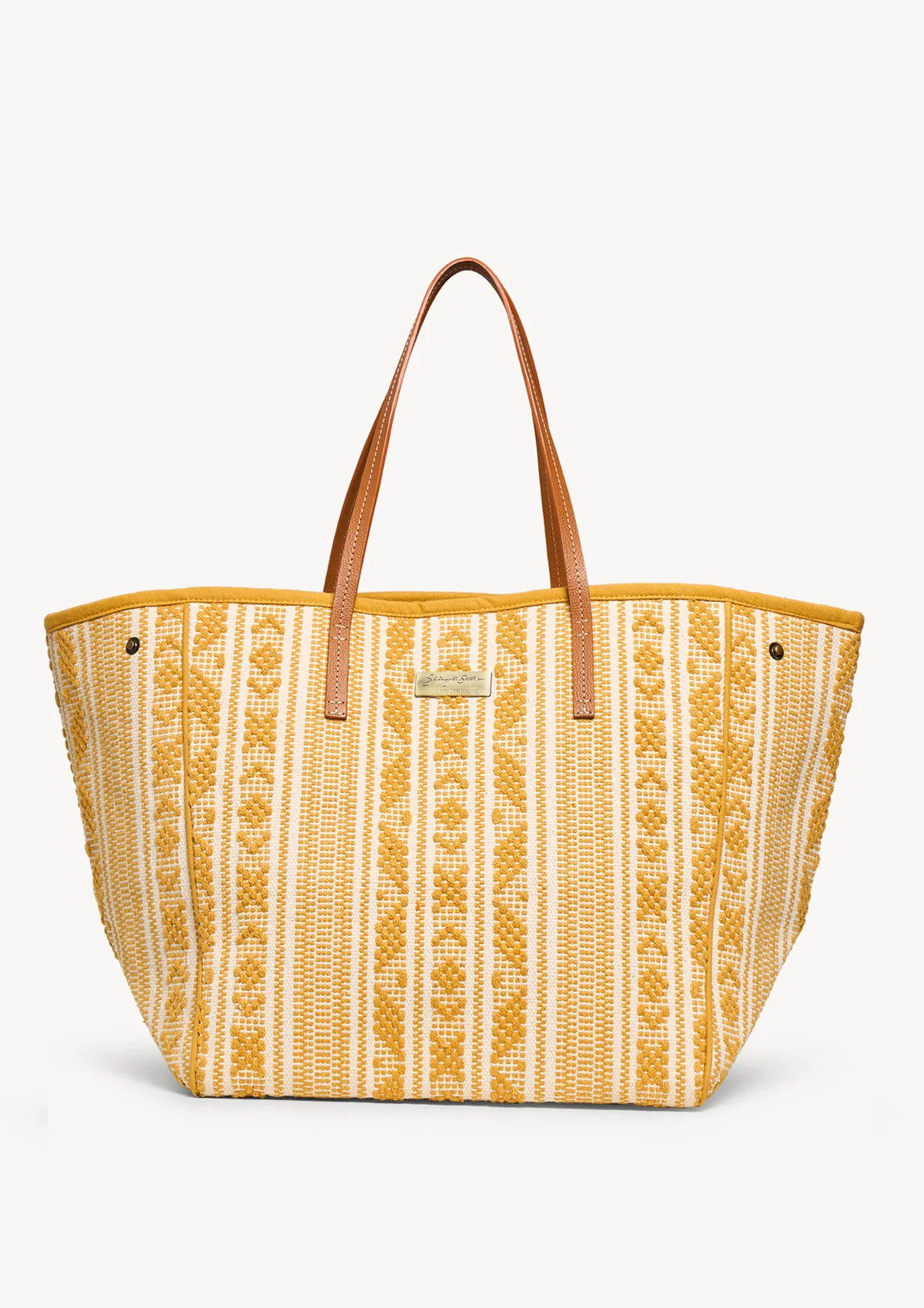 gabie-cotton-beach-tote-mustard-front Sea You Soon Gabie Tote Bag in mustard, handwoven cotton, front view showing the full silhouette