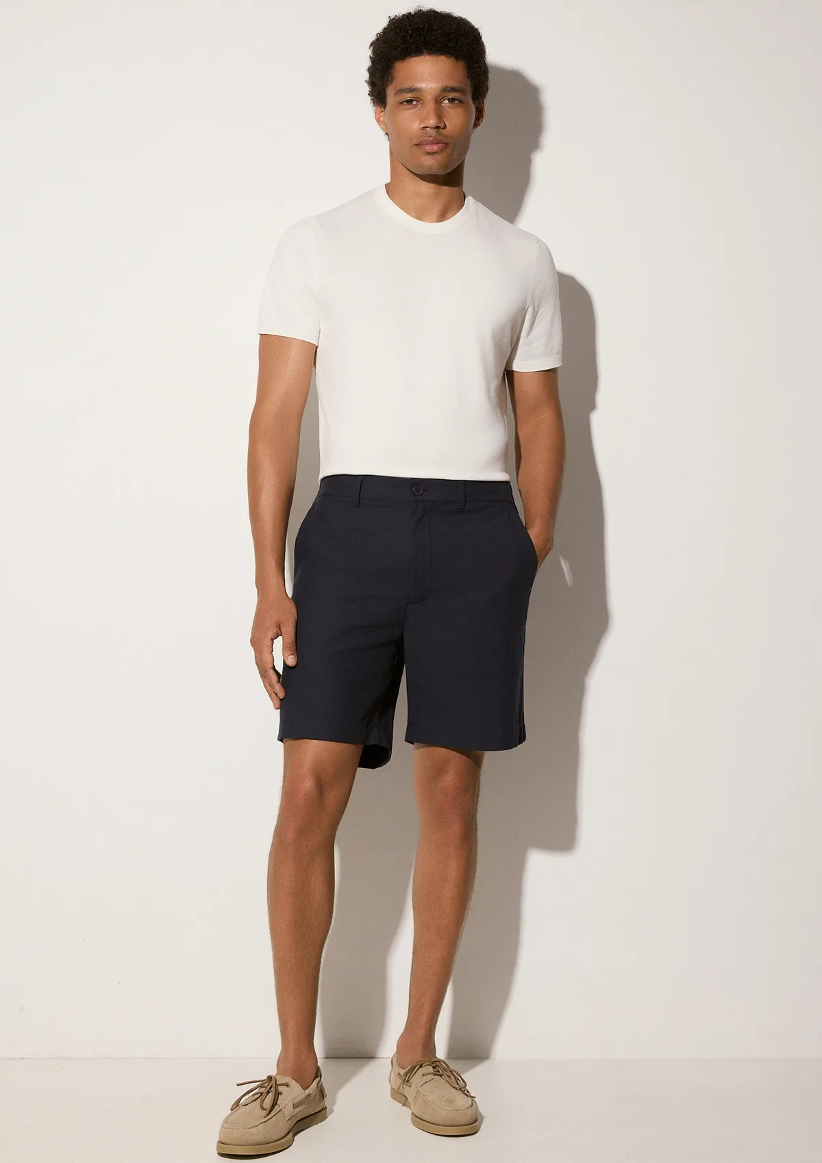 lorain-lyocell-shorts-navy-blue-lifestyle-front Lorain Lyocell Shorts - Navy Blue - Sea You Soon
